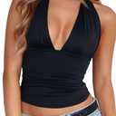 LCNBA Women's Sexy Backless Tie Up Halter Crop Top Deep V Neck Going Out Tops (Red, M)