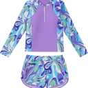 Mioglrie Girls Swimsuit Teen Bathing Suits Long Sleeve Girls' Swimwear Zipper Kids 2 Piece Tankini Swim Suit for Girl