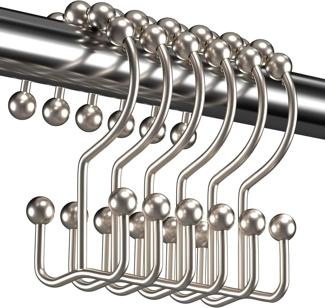 Titanker Shower Curtain Hooks Rings, Rust Resistant Metal Double Glide Shower Hooks Rings for Bathroom Shower Rods Curtains, Set of 12 Hooks - Nickel, 2 Pack