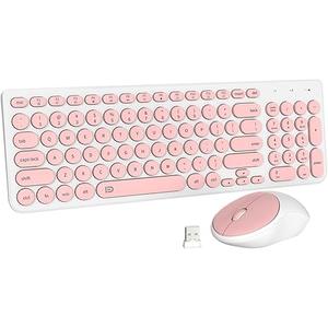 FD iK6630 Wireless Keyboard and Mouse Combo  2.4GHz USB Cordless, Cute Round Keys, Quiet and Slim Set for Laptop, Computer, TV, and Mac  Salmon Pink & White