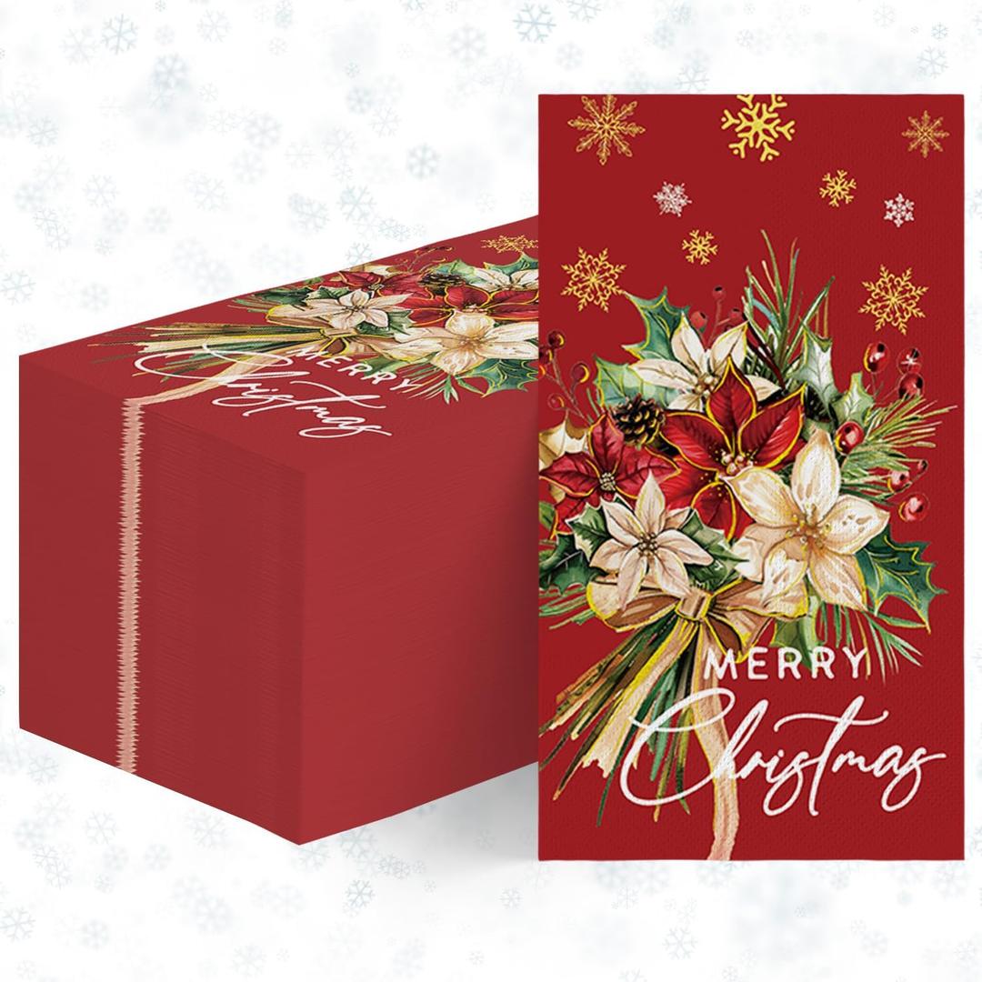Horaldaily 100 Christmas Disposable Paper Decorative Guest Napkins, Poinsettia Hand Towel for Party Lunch Dinner Kitchen Bathroom