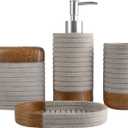 Hymmah Bathroom Accessories Set,Toothbrush Holder,Farmhouse Bathroom Decor,4 Pcs Resin Gift Set Apartment Necessities, Contain Toothbrush Cup,Soap Dispenser,Soap Dish,Tumbler (Cross Stripe Gray)