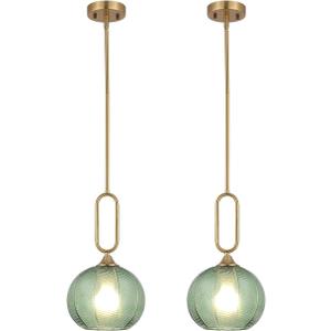 Green Glass Pendant Light Set of 2 Modern Globe Pendant Lighting Nordic Ribbed Gold Ceiling Hanging Chandelier with Brushed Brass Adjustable Rods Dining Room Kitchen Island Light Fixture