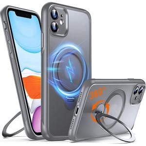 360 O-Ring MagStander for iPhone 11 Case with Magnetic Kickstand Ring Holder [Compatible with MagSafe][360Rotate Stand Ring][Military Shockproof] Magnet iPhone 11 Phone Cover Matte Grey