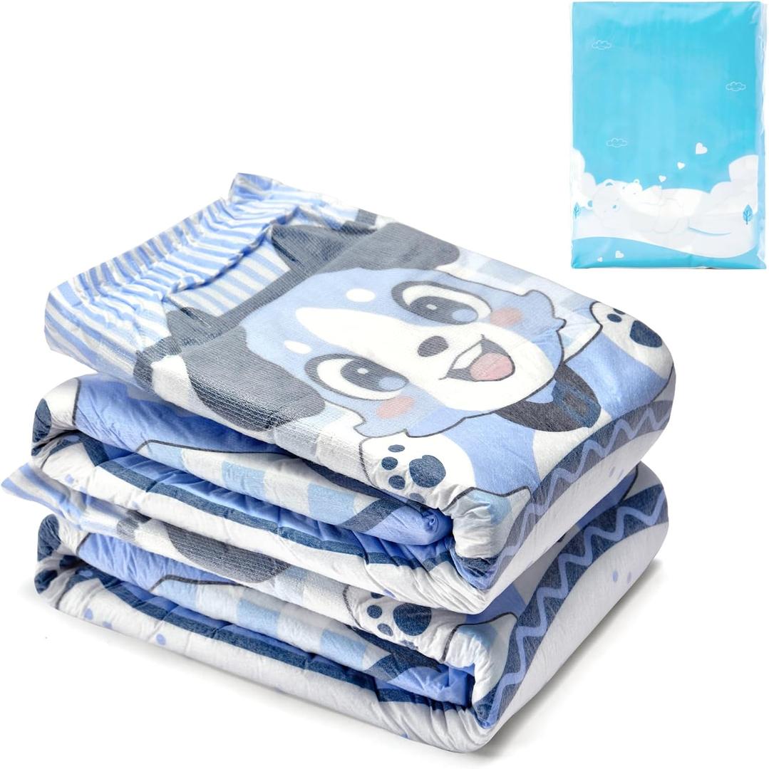 Littleforbig Adjustable Hook-and-Loop Fastener Closure Adult Printed Cloth Back Diaper 2 Pieces - Little Blue BabyFur (Medium 28"-38")