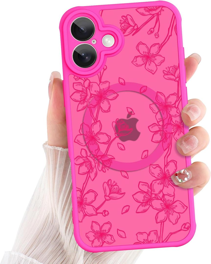 ZIYE for iPhone 16 Case Flower Floral Pattern Hot Pink Compatible with Magsafe Phone Case with Camera Protection,Soft TPU Bumper Hard PC Protective Magnetic Phone Cover