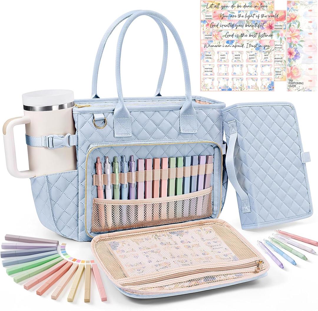 Large Bible Bag with Bible Cover Case for Women, Quilted Church Tote Bag Book Carrying Case w/Shoulder Strap,Bible Study Supplies Journaling Kit Accessories Valentines Day Christian Gift for Women Her