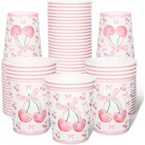 FYSUIMU 100 Pcs Pink Bow Cherry Paper Cups Coquette Bowknot The Cherry on Top Disposable Cups 9 oz Party Drinkware for Hot Cold Drinks Holiday Bachelorette Baby Shower Cherries Birthday Decorations