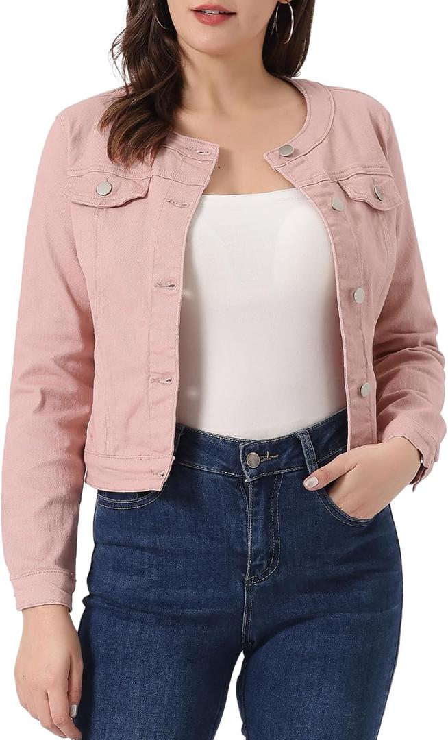 Allegra K Women's Denim Jacket Collarless Round Neck Button Down Long Sleeve Jean Jackets (Pink, L)