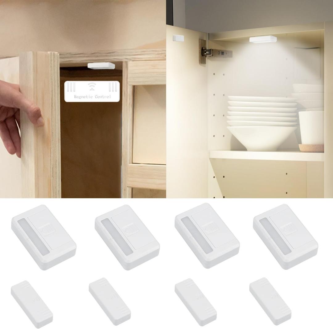 4 Pack Door Open Automatic Turn On Off Cupboard Drawer Closet Light Battery Operated Cabinet Light Stick Led Puck Lights Lighting for Wardrobe Kitchen Basement Trunk Pantry Shelf Hutch Gun Safe (White)