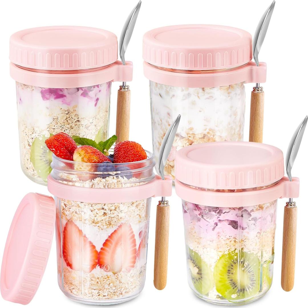 Glass Overnight Oats Containers with Lids and Spoon, 16oz Wide Mouth Mason Jars for Overnight Oats, Cereal, Yogurt, Salad Lunch Container with Measurement Marks - Pink 4 Pack