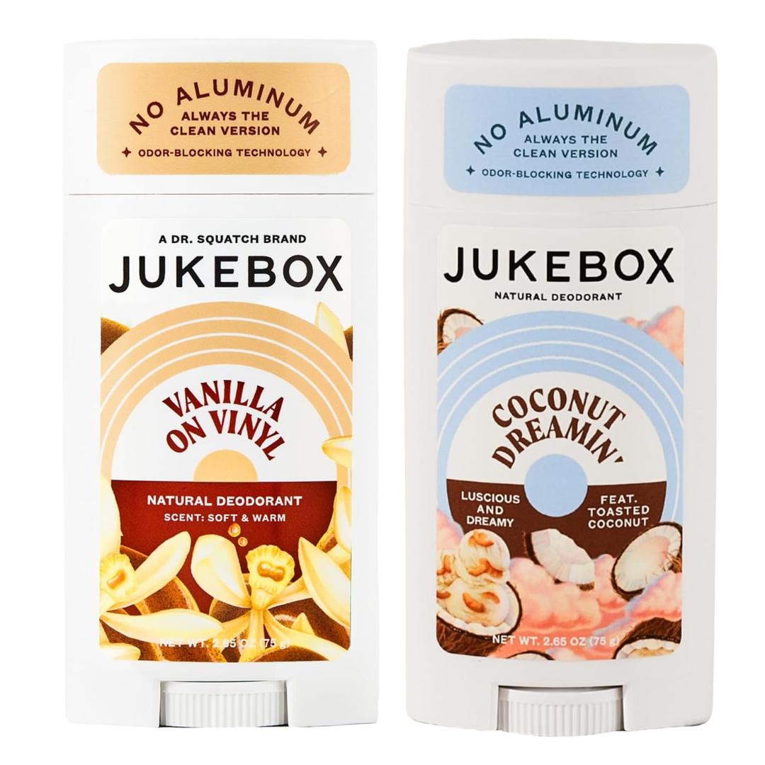 JUKEBOX Natural Deodorant for WomenCoconut Dreamin' & Vanilla on Vinyl Scents, Multi Pack-Aluminum-Free, No Baking Soda, No Harsh Chemicals, Odor Blocking Technology-a Dr. Squatch Brand-2.65oz, Pack of 2  JUKEBOX Natural Deodorant for WomenCoconut Dreamin' & Vanilla on Vinyl Scents, Multi Pack-Aluminum-Free, No Baking Soda, No Harsh Chemicals, Odor Blocking Technology-a Dr. Squatch Brand-2.65oz, Pack of 2