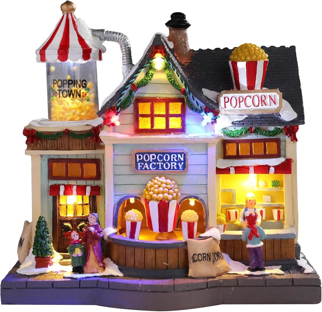 Chonsun Christmas Village 8.7 Inch Popcorn Shop with LED Lights Resin Village Houses Holiday Music with USB/3AA Batteries Rendering Atmosphere Christmas Decorations