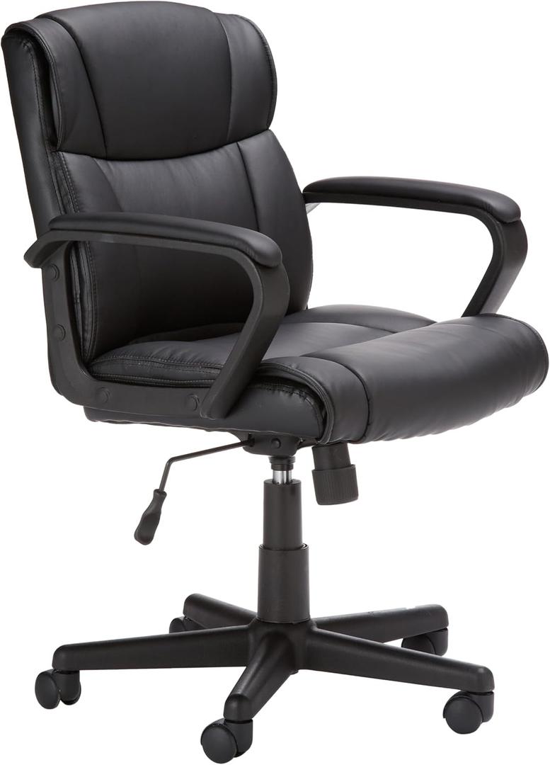 Amazon Basics Office Task Chair with Adjustable Height, 360° Swivel, Padded Armrests, Mid-Back, Rolling, 275 Pound Capacity, 24.2"D x 24"W x 34.8"H, Black Faux Leather, 24.2"D x 24"W x 38.6"H
