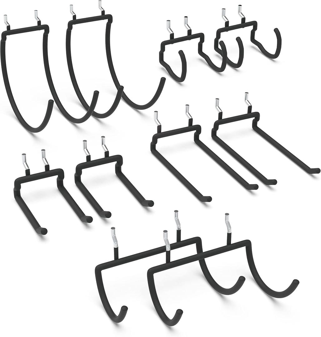 HUHOLE 10-Pack Heavy Duty Pegboard Hooks for Power Tools & Garage Organization, Vinyl-Coated Steel Drill Holders & Utility Hangers, Fits Standard 1/4" Pegboards (Black) | Heavy Duty, for Power Tools, Drill, Hammer, Cord