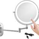 8 Inch Rechargeable Wall-mounted Lighted Makeup Vanity Mirror Dual-Sided 1X/5X Magnified Bathroom Mirror, 3-Color Lighting, Touch Screen Dimming, 360 Rotating Retractable Arm(Size:5X,Color:silver)