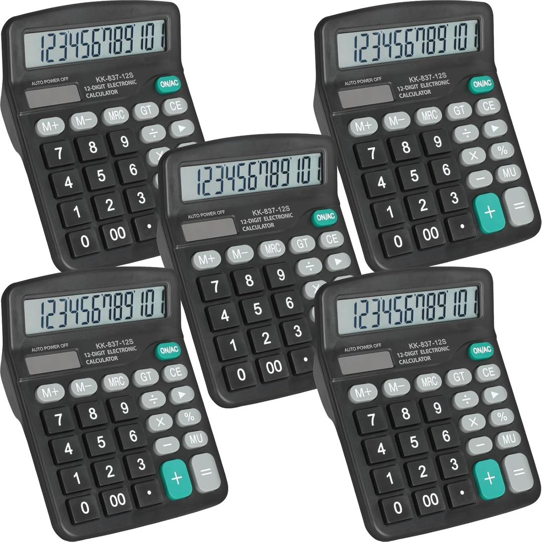5 Pack Calculator Bulk, 12 Digits Calculators Desktop with Large LCD Display and Sensitive Butto, Solar and Battery Dual Power, Desk Calculator for Office, School, Home