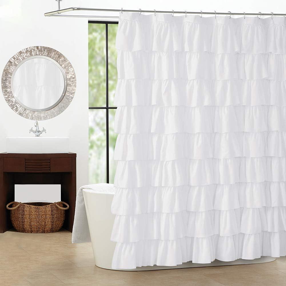 White Ruffle Shower Curtain - Farmhouse Cloth Bathroom 72 x 72 Inches Texture Fashion, Double Layer Fabric, not See Through.
