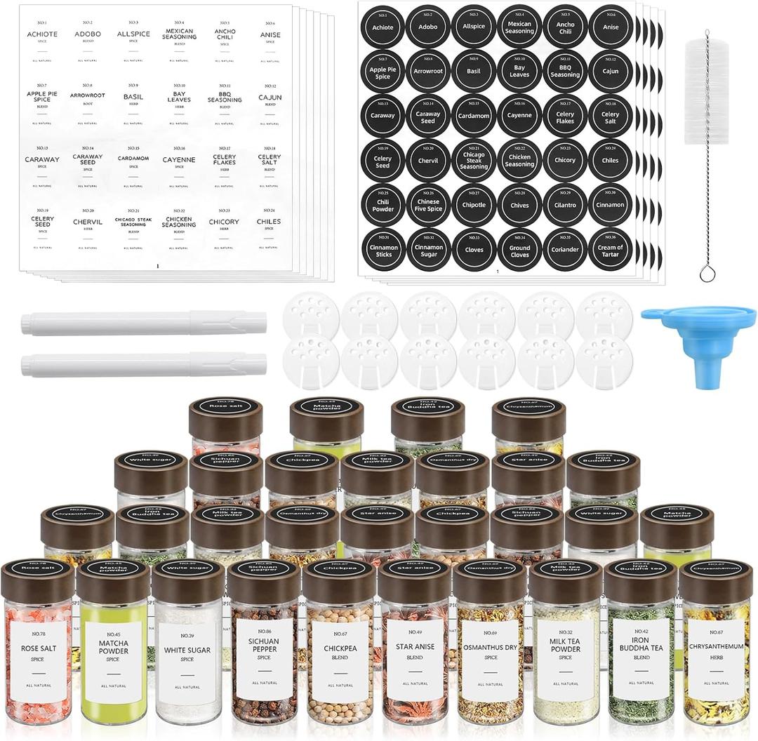 VIBRATITE 30 Pack Spice Jars with Acacia Lids, 4 oz Round Glass Jars Spice Containers Set with Labels, Pen, Funnel, Seasoning Storage Bottles with Shaker Lids for Rack, Cabinet, Drawer