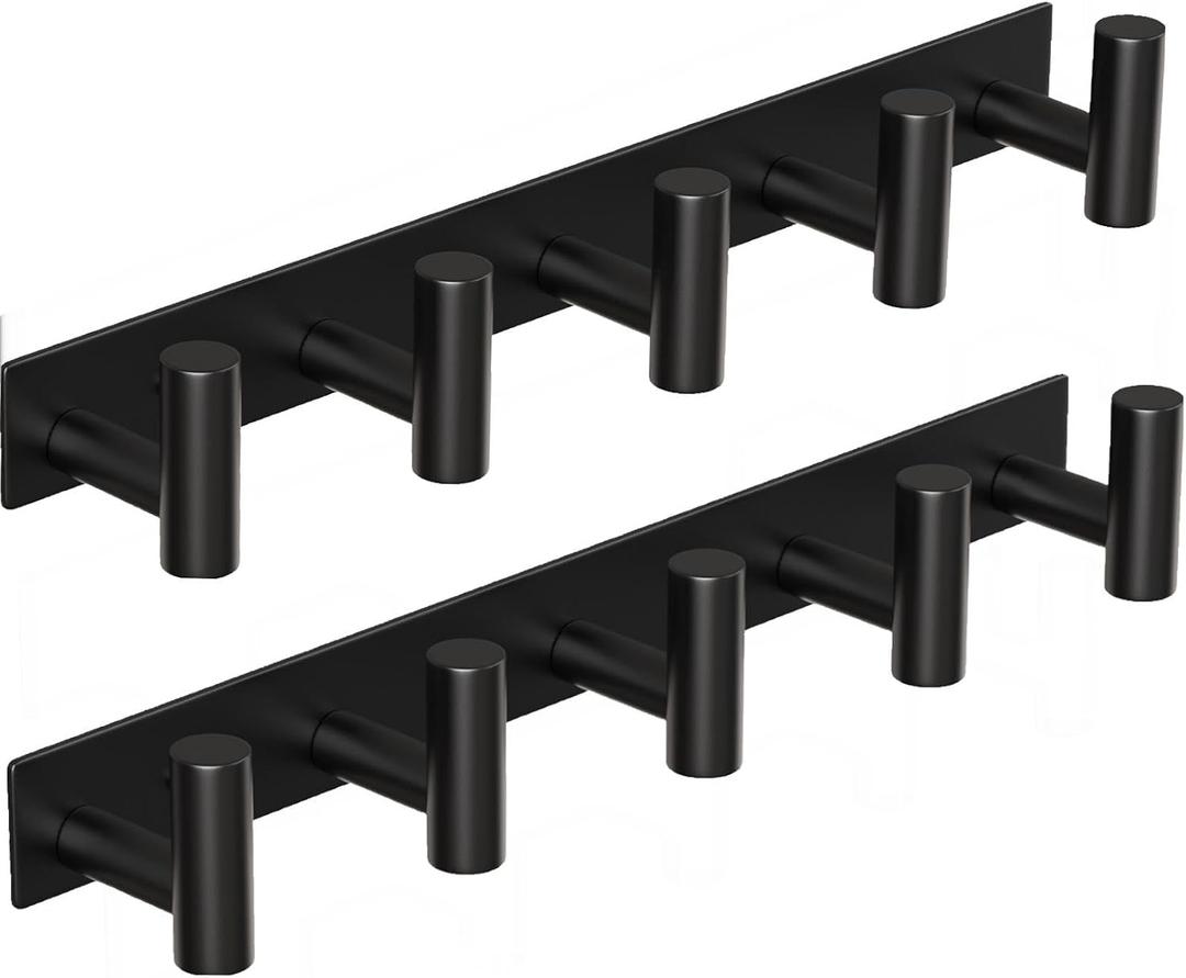 Coat Rack Wall Mounted with 5 Hooks,Heavy Duty Stainless Steel Wall Hooks for Towel Coat Bag, Hat Rack Coat Hanger Coat Hooks Towel Racks for Bathroom Entryway Kitchen Hotel (Black, 2 Packs)