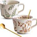 Ceramic Coffee Mug Set, 11 oz and 2 Spoons, Coffee Cup Set of 2, Suitable for Americano, Chocolate Drinks, Milk, Tea Drinks, Microwave Dishwasher Safe (Green Leaves/Dandelion)