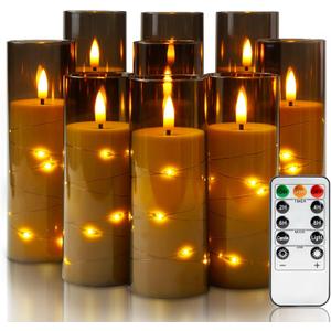 Homemory Flameless Candles with Embedded Star String Fairy Lights, Acrylic Battery Operated Candles with Remote Control and Timer, Flickering LED Candle for Halloween, Grey, Set of 9, D2.2xH567