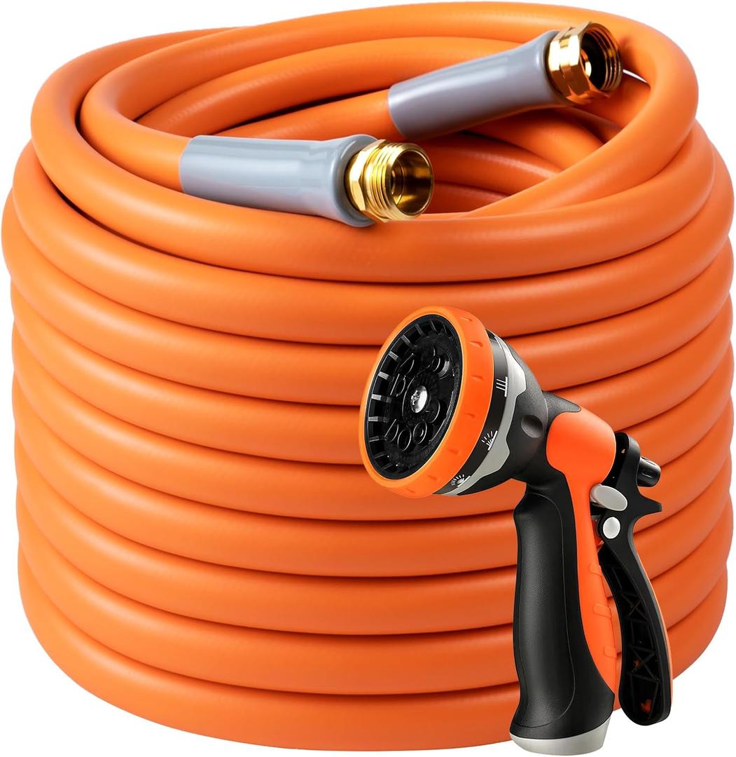 Garden Hose 50 ft x 5/8 with 10 Functions Leak-Proof Garden Hose Nozzle, Water Hose Heavy Duty, 3/4" Solid Brass Fittings, Flexible Lightweight Kink-less Hose for Watering, Washing, 600 Burst PSI