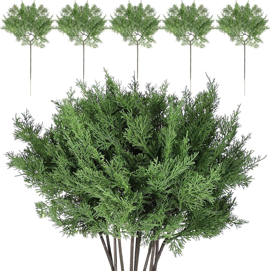 Jutom 12 Pcs 17 Inch Christmas Fake Juniper Cedar Pine Branches, Faux Cedar Branches Artificial Christmas Sprigs Picks for Home Decoration Garland Wreath DIY Craft Garden Holiday