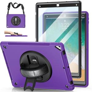 Case for iPad Pro 12.9 2nd Generation 2017 & 2015 1st Generation, Heavy Duty Rugged Shockproof Protective Cover w/ 360 Rotatable Stand + Handle Hand & Shoulder Strap + Pencil Holder-Purple