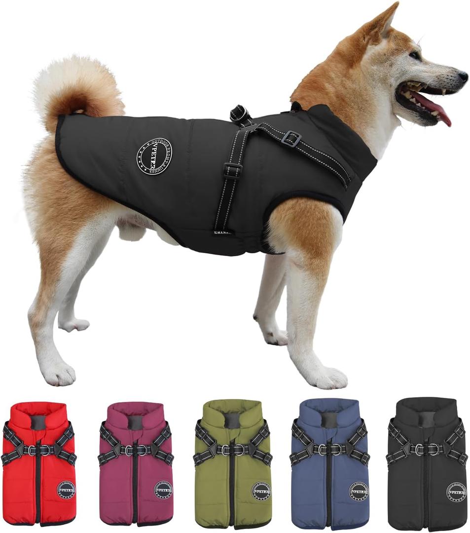 Dog Winter Coat,Warm Jacket Paded Fleece Dog Vest with Built in Harness, Windproof Reflective Cozy Adjustable Snow Pet Coat Clothes with Zipper for Small Medium Large Dogs (Black) 2XL