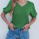 SHEWIN Women's Summer Tops V Neck Casual Puff Short Sleeve Textured T Shirts Blouses (Green, S)