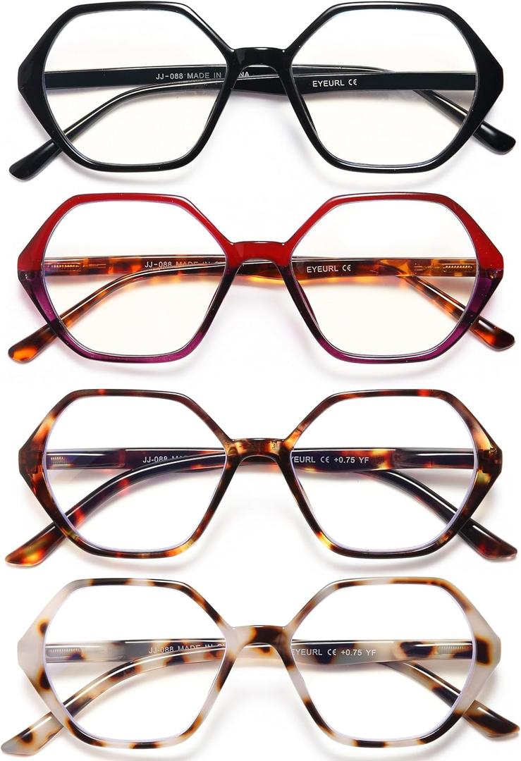 EYEURL 4-Pack Reading Glasses for Women Blue Light Blocking Reading Glasses Vintage Design Diamond-Shaped Frame Spring Hinge Readers for Women Men Anti Glare Filter Lightweight Eyeglasses, 0.0