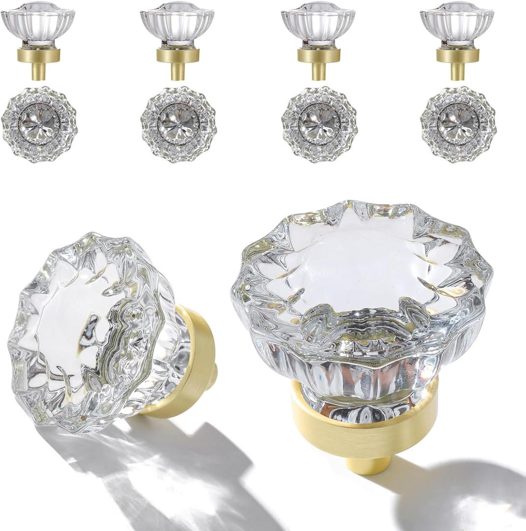 Crystal Knobs for Drawers 8 Pack Brushed Gold Glass Knob, Vintage Cabinet Antique Pulls for Drawer Closet Dresser Cupboard, 1.5 Inch Satin Brass Base Decorative Flower Cabinets Knobs Set Hardware