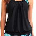Yonique Two Piece Tankini Bathing Suits T-Back Blouson Swim Tops with Boy Shorts Women Swimsuits Sporty Swimwear (Large, Black & Green Floral)