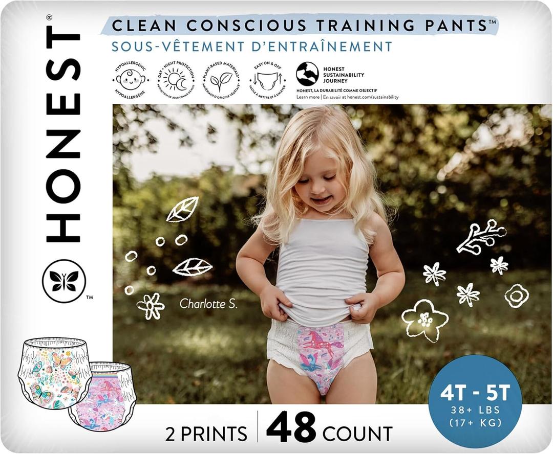 The Honest Company Clean Conscious Training Pants for Sensitive Skin | Hypoallergenic, Fragrance Free | Magical Moments + Butterfly Kisses | Size 4T/5T (38+ lbs), 48 Count