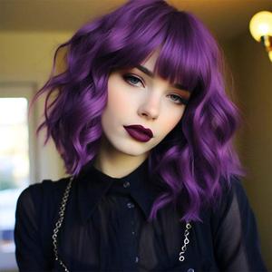 Dark Purple Short Bob Wigs with Bangs for Women Loose Wavy Wig Curly Wavy Shoulder Length Bob Synthetic Cosplay Wig for Girl Colorful Costume Wigs (Dark Purple)