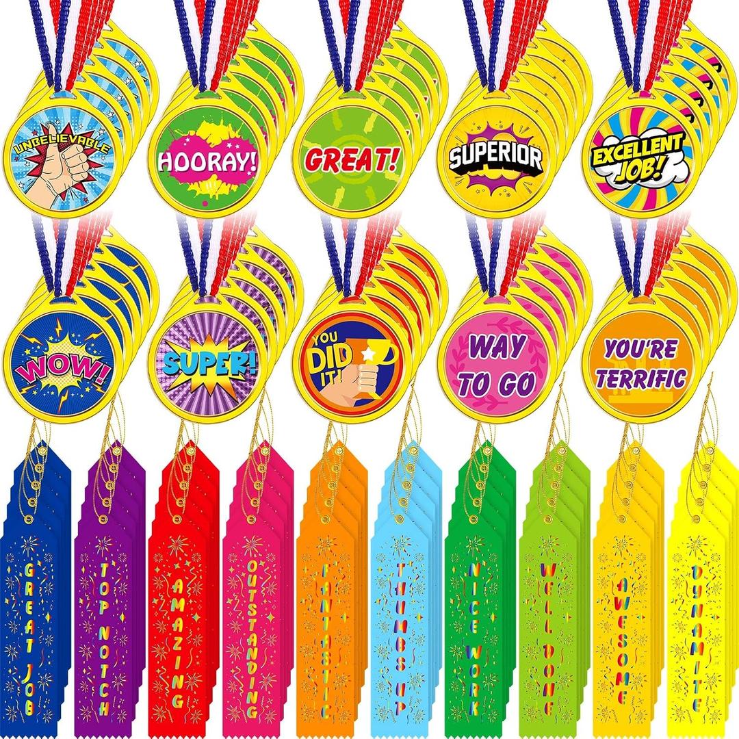 Geyee 100 Pieces Field Day Award Ribbons and Medals Bulk Winner Plastic Award Medals Motivational Medal with Neck Ribbon Assortment for Competition Sports Contest Graduation Favors (Award)