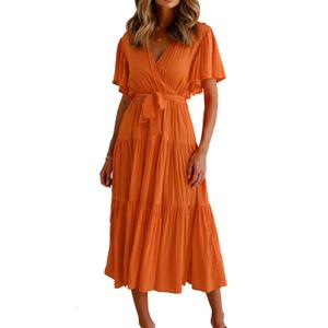 R.Vivimos Summer Dress for Women Cotton Ruffle Short Sleeves V Neck Casual Flowy Midi Dress with Belt (Small)