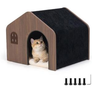 Modern Wooden Cat House Indoor E0 Grade Enclosed Cat Cave Bed with Washable Cushion, Eco-Friendly Non-Toxic Pet Furniture for Kittens & Medium Cats Up to 20 Lbs