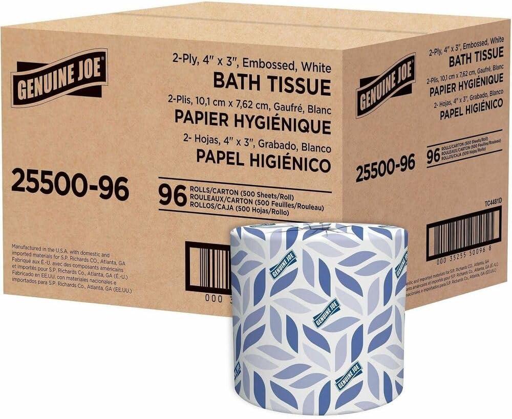 Genuine Joe Standard Bath Tissue, 2-Ply, 3.5" x 4", 500 Sheets, Pack of 96, 3.5" x 4", 500 Count