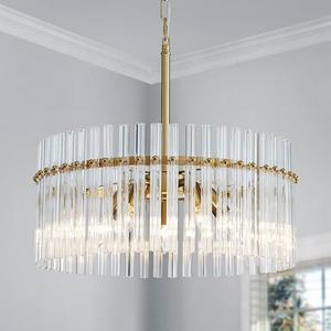 Shrine Lighting Drum Chandeliers, Modern Design, Perfect Pendant Light Fixture for Living Space, D18'' x H17'', Adjustable Chains 59", E12*5 Sockets, Clear Glass Lampshade & Gold Finish Frame