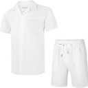 UOUA 2 Piece Short Sets for Men Summer Beach Outfits Stripe Texture Button Down Shirts & Shorts Casual Vacation Set (White, M)