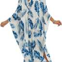 Women Animal Print Kaftan Dresses Plus Size Swimsuit Coverup 2025 Summer Bathing Suit Caftan Loungewear Beach Dress (Blue Leaves) One size