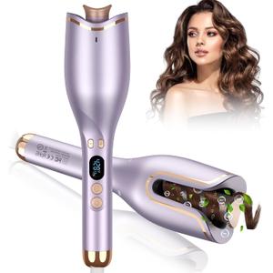 Automatic Curling Iron, Automatic Hair Curler with 1" Curling Iron Large Slot, 4 Temperature & 8 Timer, Dual Voltage Anti-Tangle Rotating Curlers Iron, Hair Curler Wand with Auto Shut-Off for Curls (Purple)