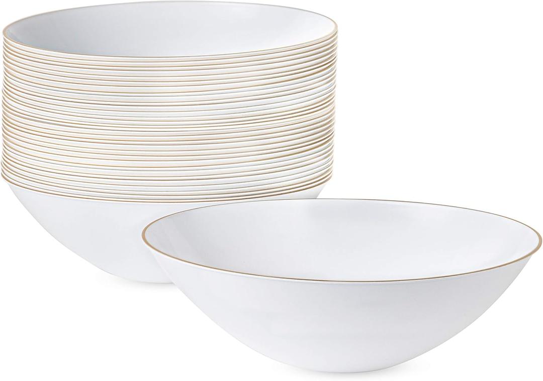 PLASTICPRO [16 OZ 12Count] White Plastic Floral Design Party Soup bowls With Gold Rim Premium heavyweight Elegant Disposable Tableware Dishes