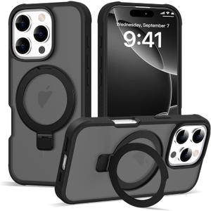 for iPhone 16 Pro Case with Invisible Ring Stand, Military Drop Protection Compatible with Mag-Safe Matte Translucent Back Anti-Slip Shockproof Phone Cover 6.3 Inch 2024-Black