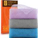 UJFQBH 3 Pieces African exfoliating net African Net Long Net Bath Sponge Exfoliating Shower Body Scrubber Back Scrubber Skin Smoother,Great for Daily Use (Purple Gray Blue)