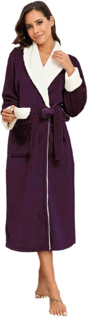 RONGTAI Women's Fleece Shawl Collar Bathrobe Plush Soft Long Spa Robe Lightweight Fluffy Cozy Shower Bathrobe (2XL, Dark Purple)
