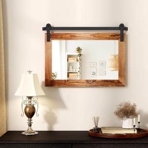 COGOOD Farmhouse Barn Door Mirror - 29" x 22" Rustic Wood Framed Wall Mirror for Bathroom, Living Room, Entryway Wall Decor (Brown)