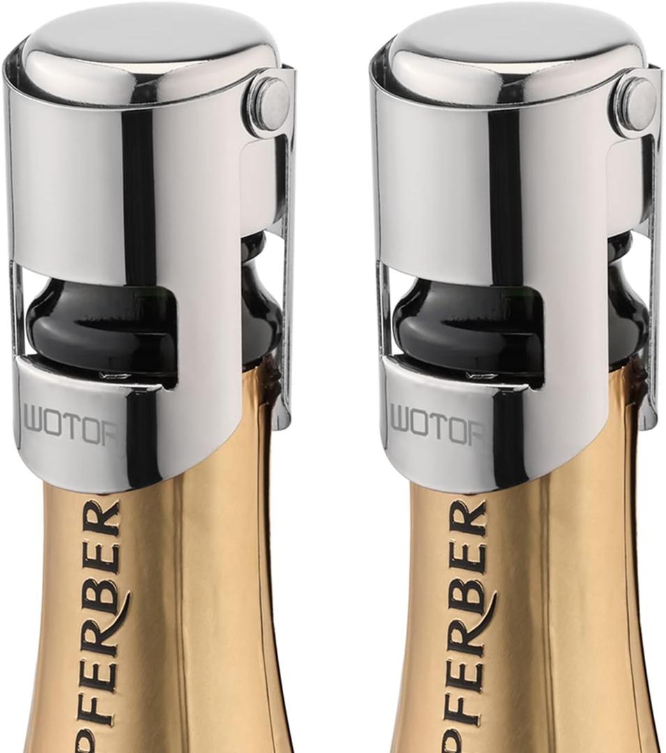 WOTOR Champagne Stoppers Stainless Steel, Prosecco Bottle Stopper with Food Grade Silicone, Reusable Champagne Cork & Saver, Leak proof Keep Fresh (Silver, 2 Pack)